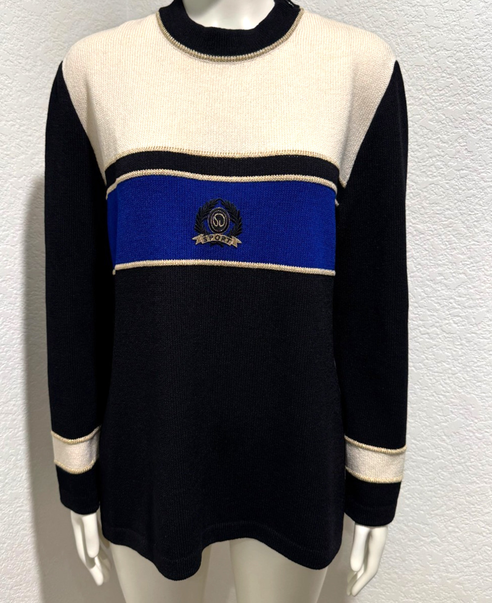 St John Sport Sweater Embroidered Crest Stripe Sz M Nautical Preppy Old Money